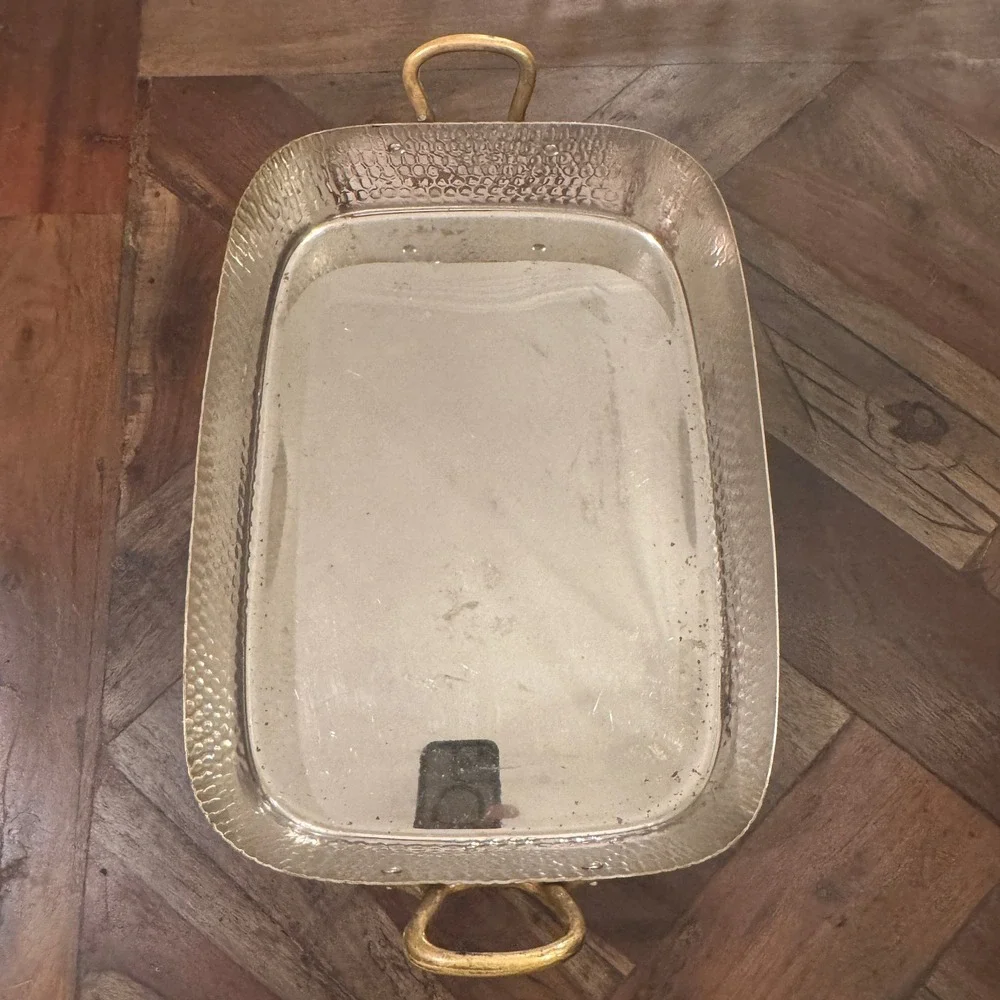 Hammered Copper Roasting Pan Rectangular Brass Handles Farmhouse Kitchen Decor